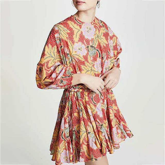 Casual Print Dress For Women O Neck Long Lantern Sleeve Bandage