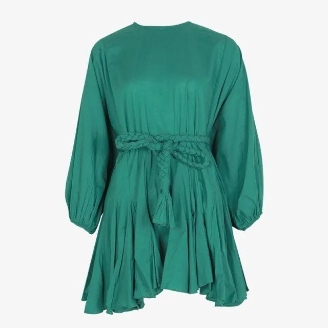 Casual Print Dress For Women O Neck Long Lantern Sleeve Bandage