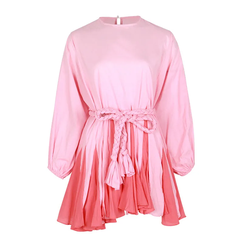 Casual Print Dress For Women O Neck Long Lantern Sleeve Bandage