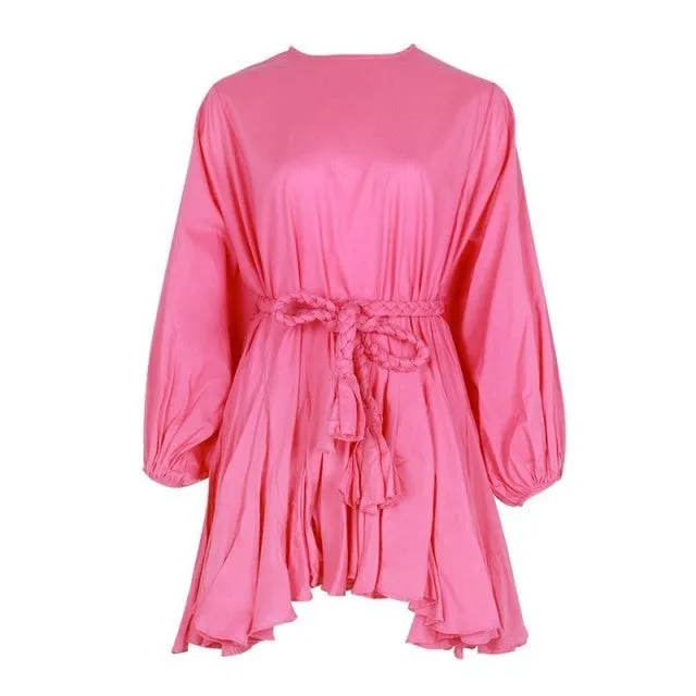 Casual Print Dress For Women O Neck Long Lantern Sleeve Bandage