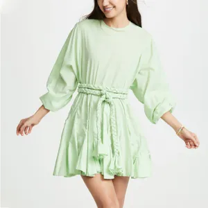 Casual Print Dress For Women O Neck Long Lantern Sleeve Bandage