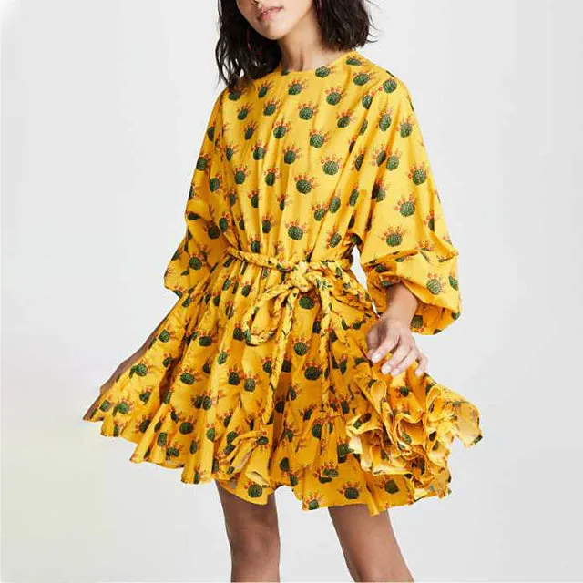 Casual Print Dress For Women O Neck Long Lantern Sleeve Bandage
