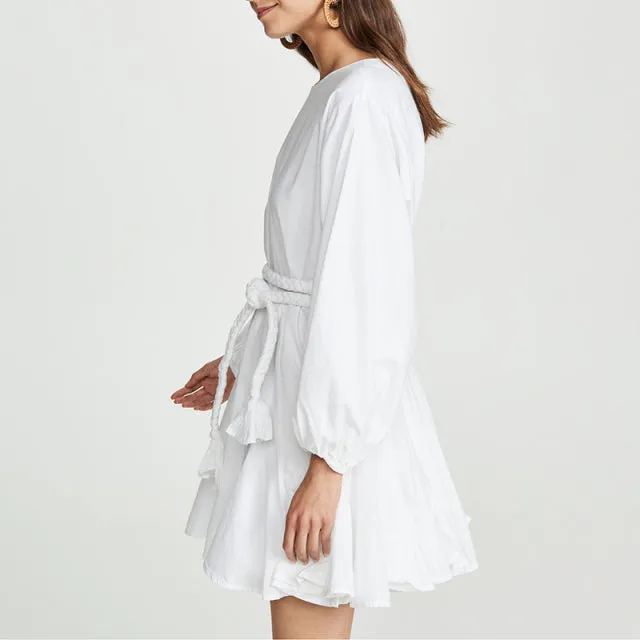 Casual Print Dress For Women O Neck Long Lantern Sleeve Bandage