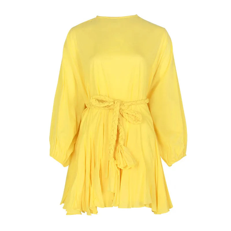 Casual Print Dress For Women O Neck Long Lantern Sleeve Bandage