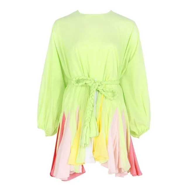 Casual Print Dress For Women O Neck Long Lantern Sleeve Bandage