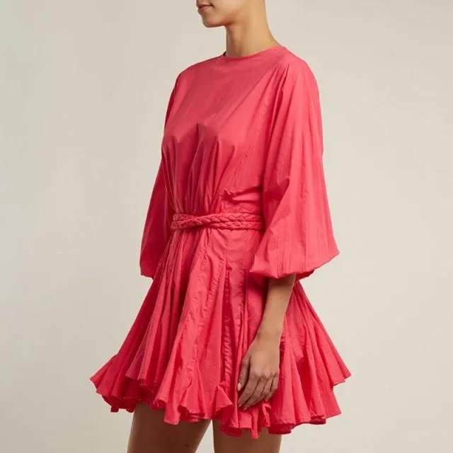 Casual Print Dress For Women O Neck Long Lantern Sleeve Bandage