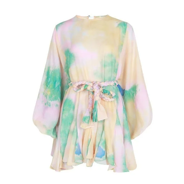 Casual Print Dress For Women O Neck Long Lantern Sleeve Bandage