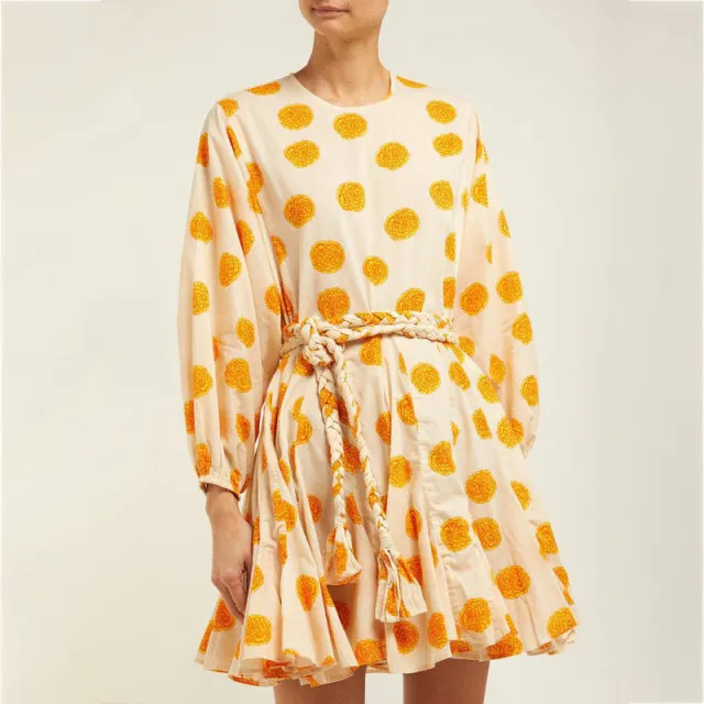 Casual Print Dress For Women O Neck Long Lantern Sleeve Bandage