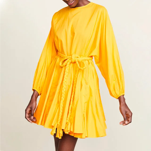 Casual Print Dress For Women O Neck Long Lantern Sleeve Bandage