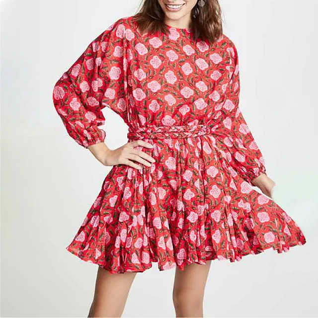 Casual Print Dress For Women O Neck Long Lantern Sleeve Bandage
