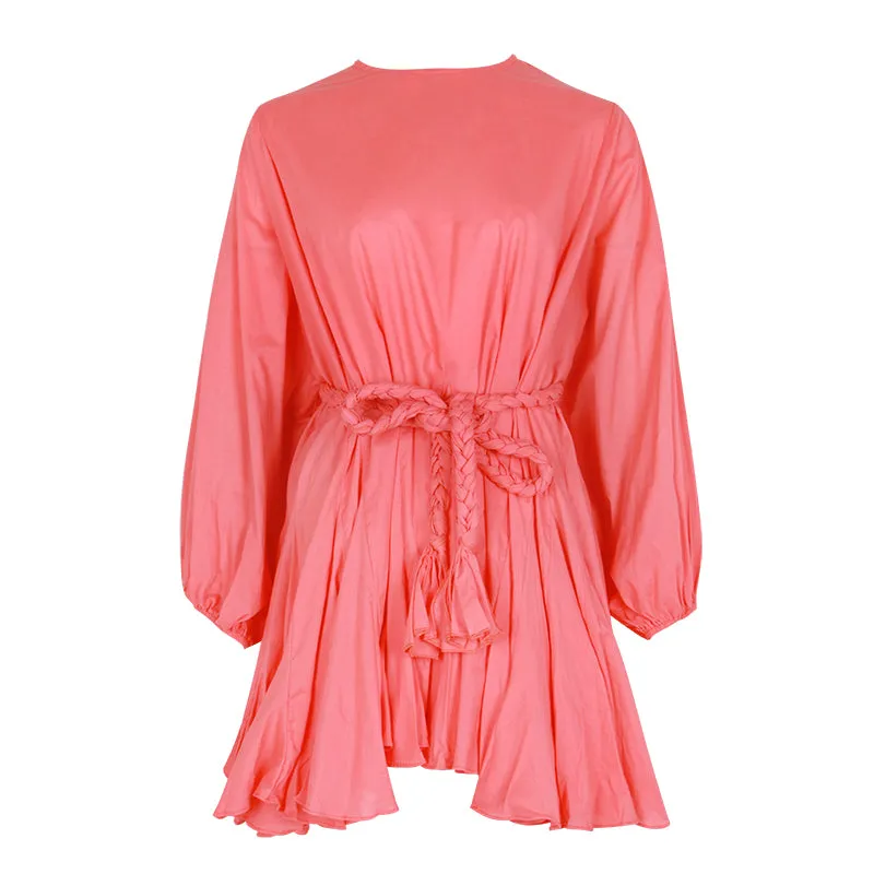 Casual Print Dress For Women O Neck Long Lantern Sleeve Bandage