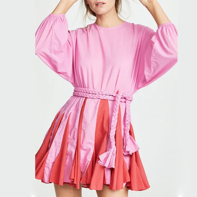 Casual Print Dress For Women O Neck Long Lantern Sleeve Bandage