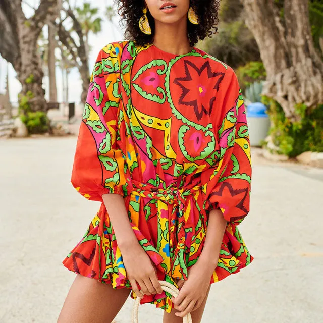 Casual Print Dress For Women O Neck Long Lantern Sleeve Bandage