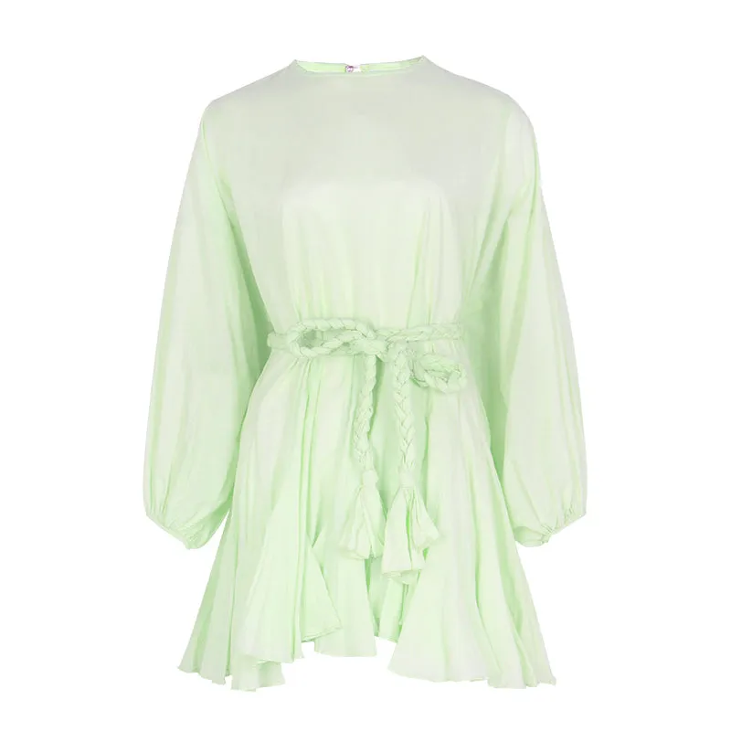 Casual Print Dress For Women O Neck Long Lantern Sleeve Bandage