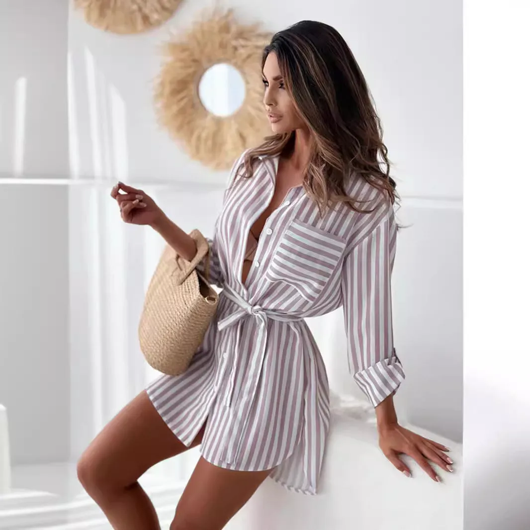 Casual Printed Single Breasted Long Sleeve Mid Length Shirts Wholesale Womens Clothing N3824080300072
