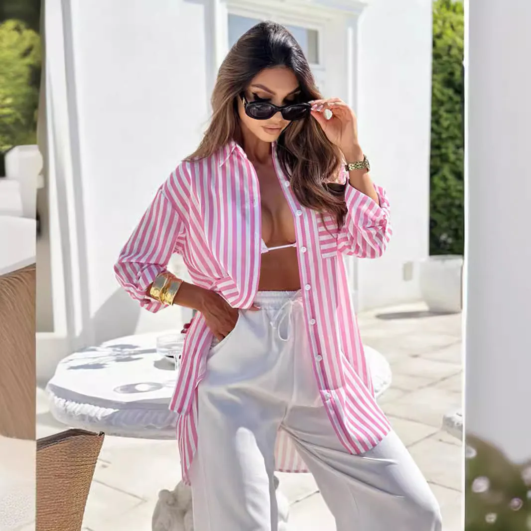 Casual Printed Single Breasted Long Sleeve Mid Length Shirts Wholesale Womens Clothing N3824080300072