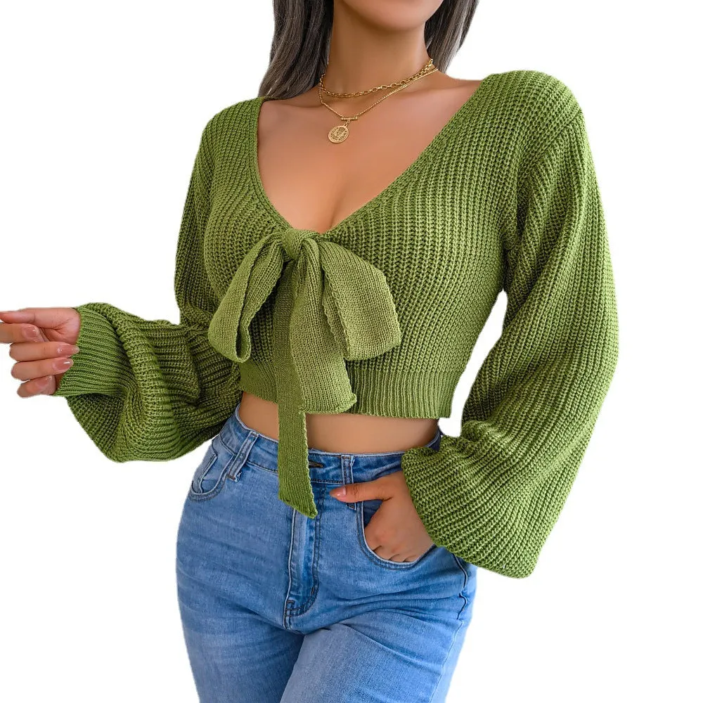 Chic Bowknot V-Neck Lantern Sleeve Cropped Sweater for Effortless Elegance