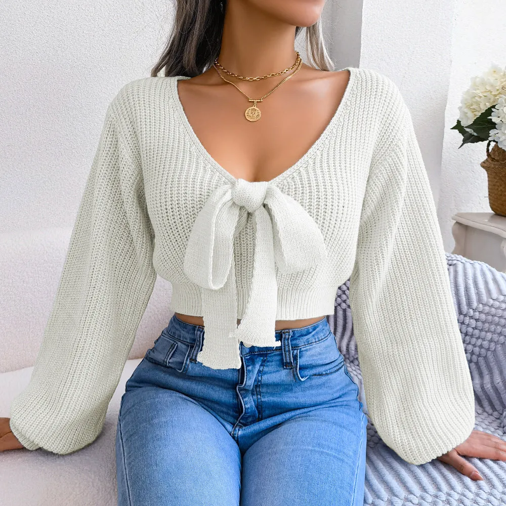 Chic Bowknot V-Neck Lantern Sleeve Cropped Sweater for Effortless Elegance