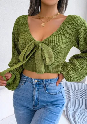 Chic Bowknot V-Neck Lantern Sleeve Cropped Sweater for Effortless Elegance