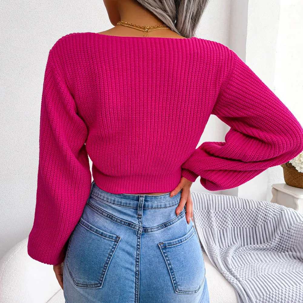 Chic Bowknot V-Neck Lantern Sleeve Cropped Sweater for Effortless Elegance