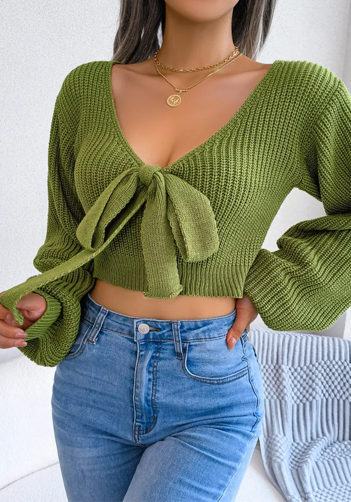 Chic Bowknot V-Neck Lantern Sleeve Cropped Sweater for Effortless Elegance