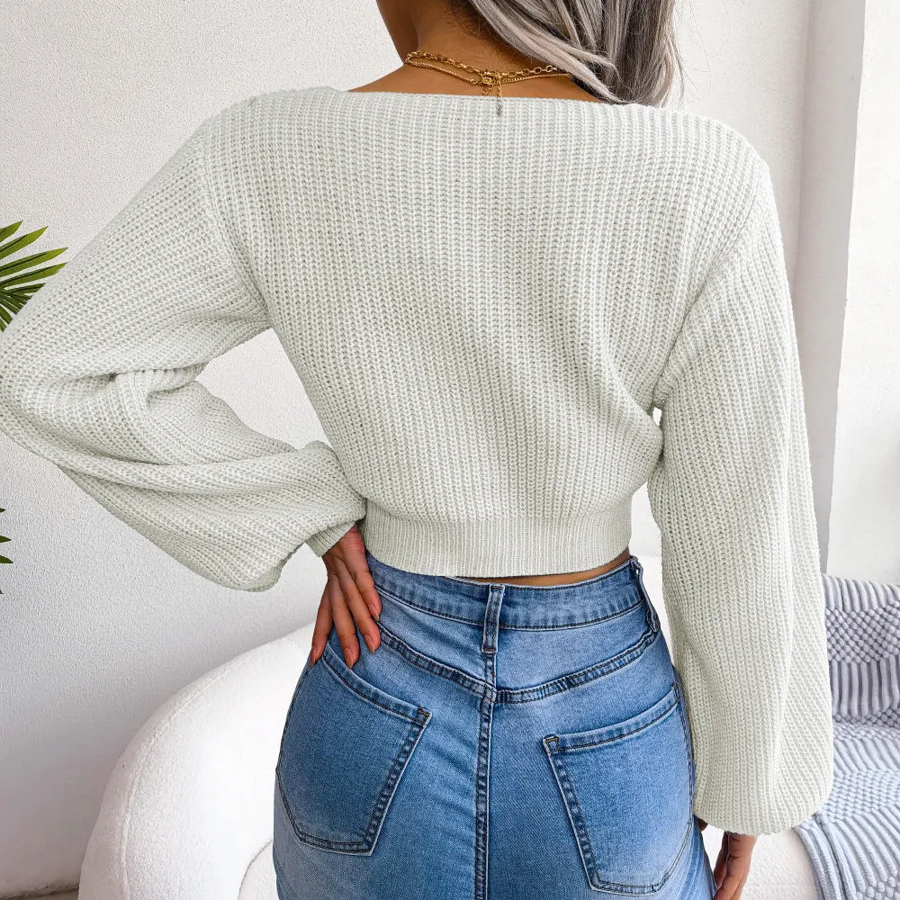 Chic Bowknot V-Neck Lantern Sleeve Cropped Sweater for Effortless Elegance