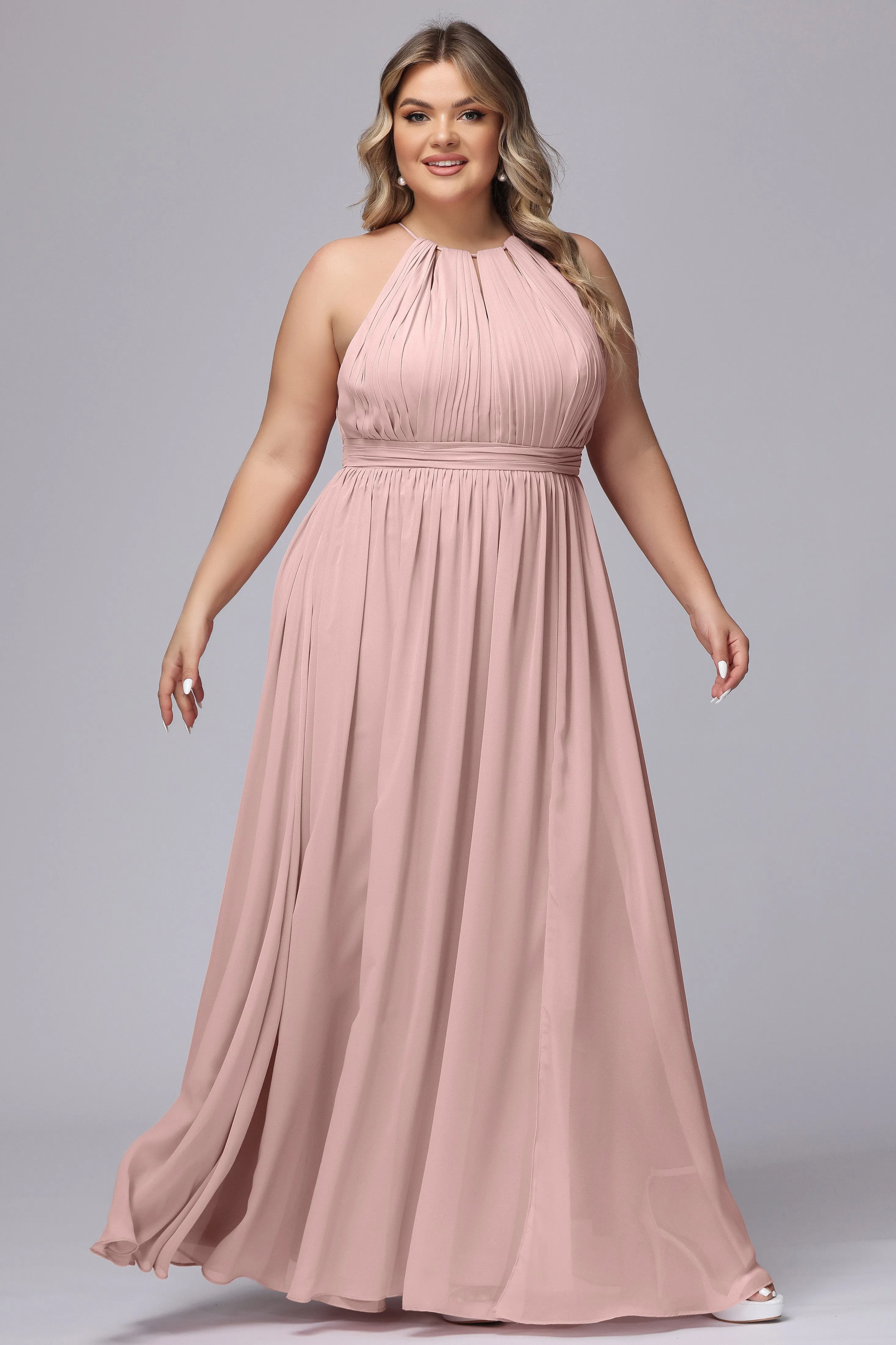 Chiffon Floor Length Halter Plus Size Split Bridesmaid Dresses
