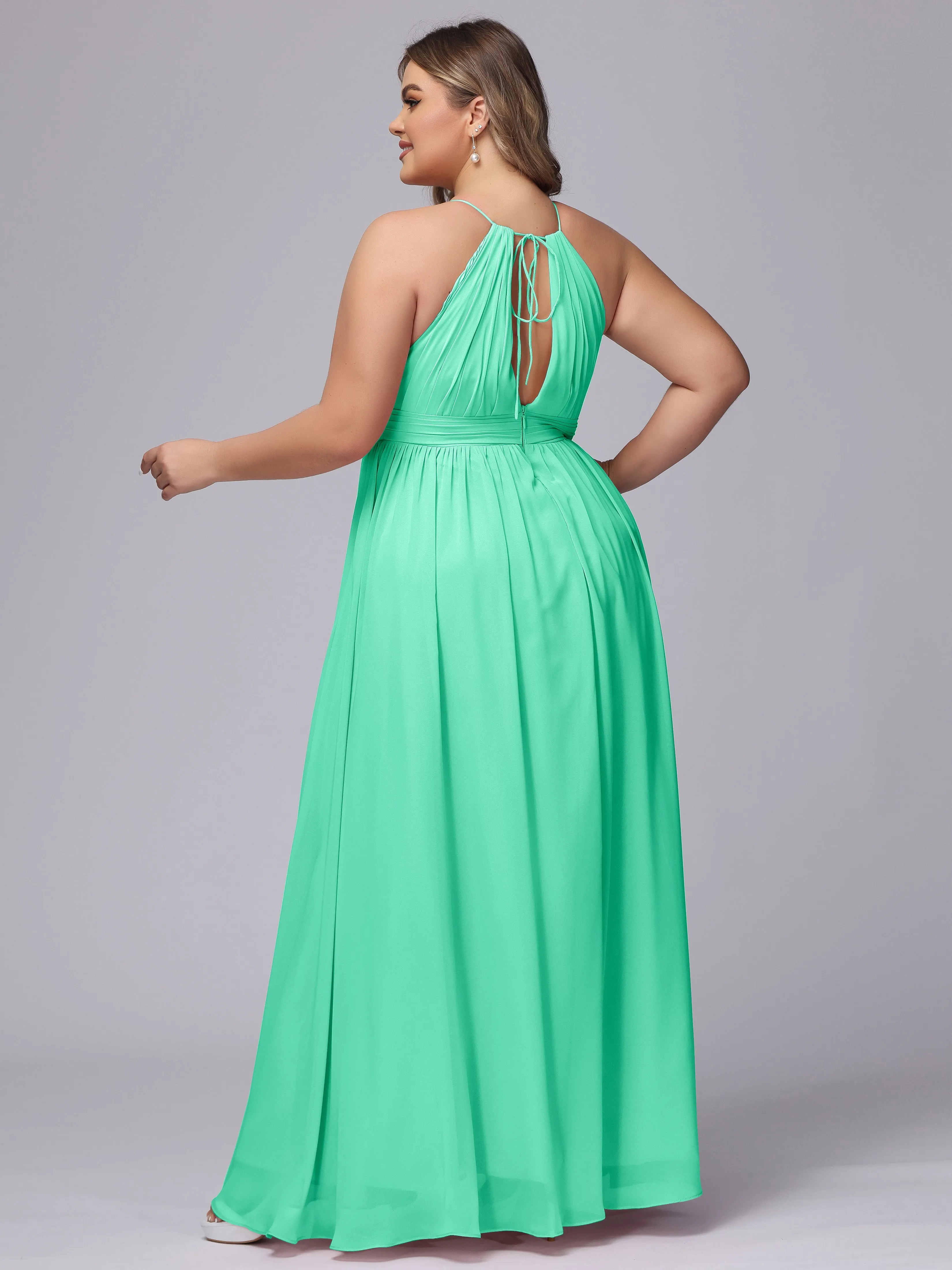Chiffon Floor Length Halter Plus Size Split Bridesmaid Dresses