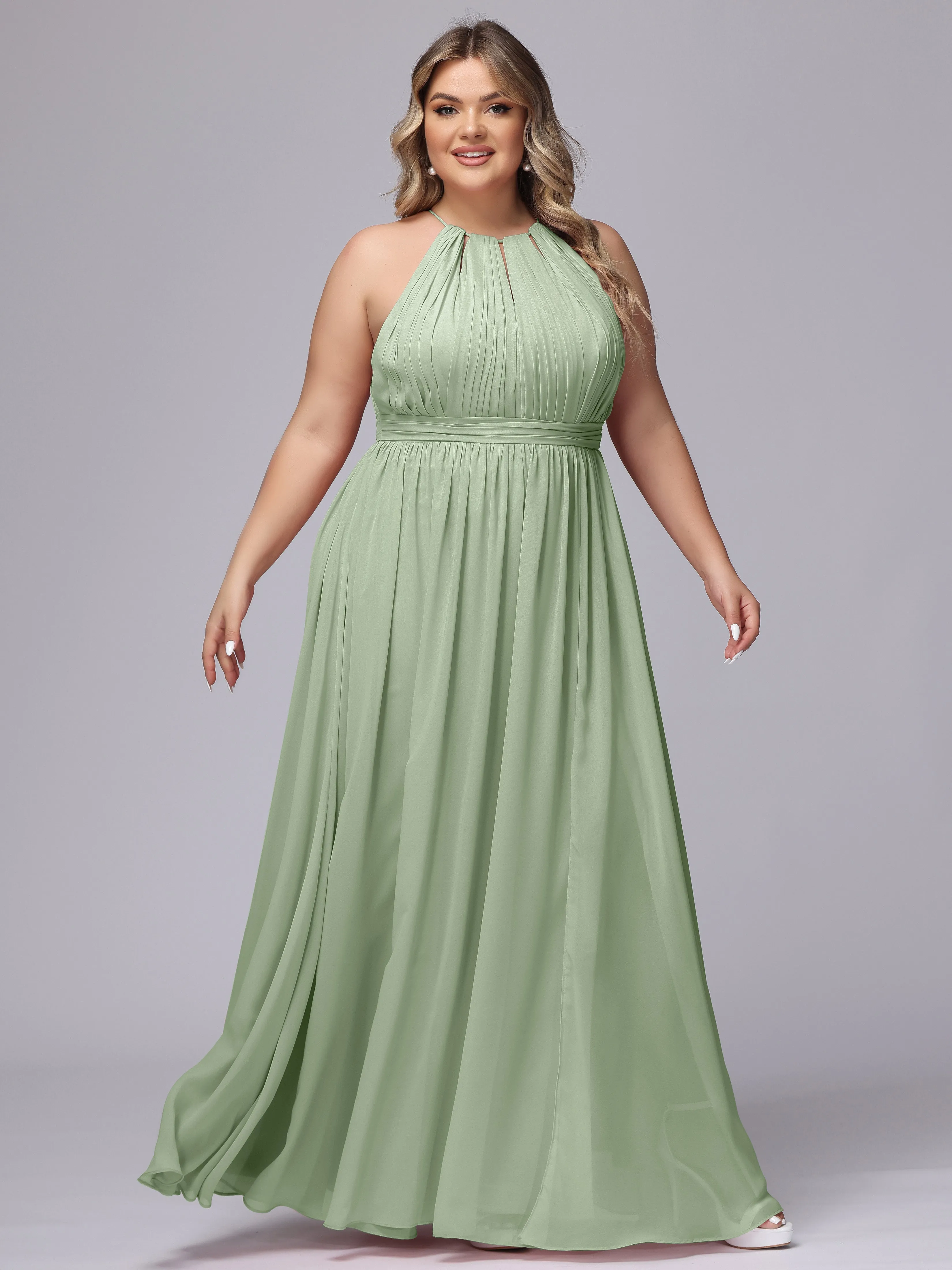Chiffon Floor Length Halter Plus Size Split Bridesmaid Dresses