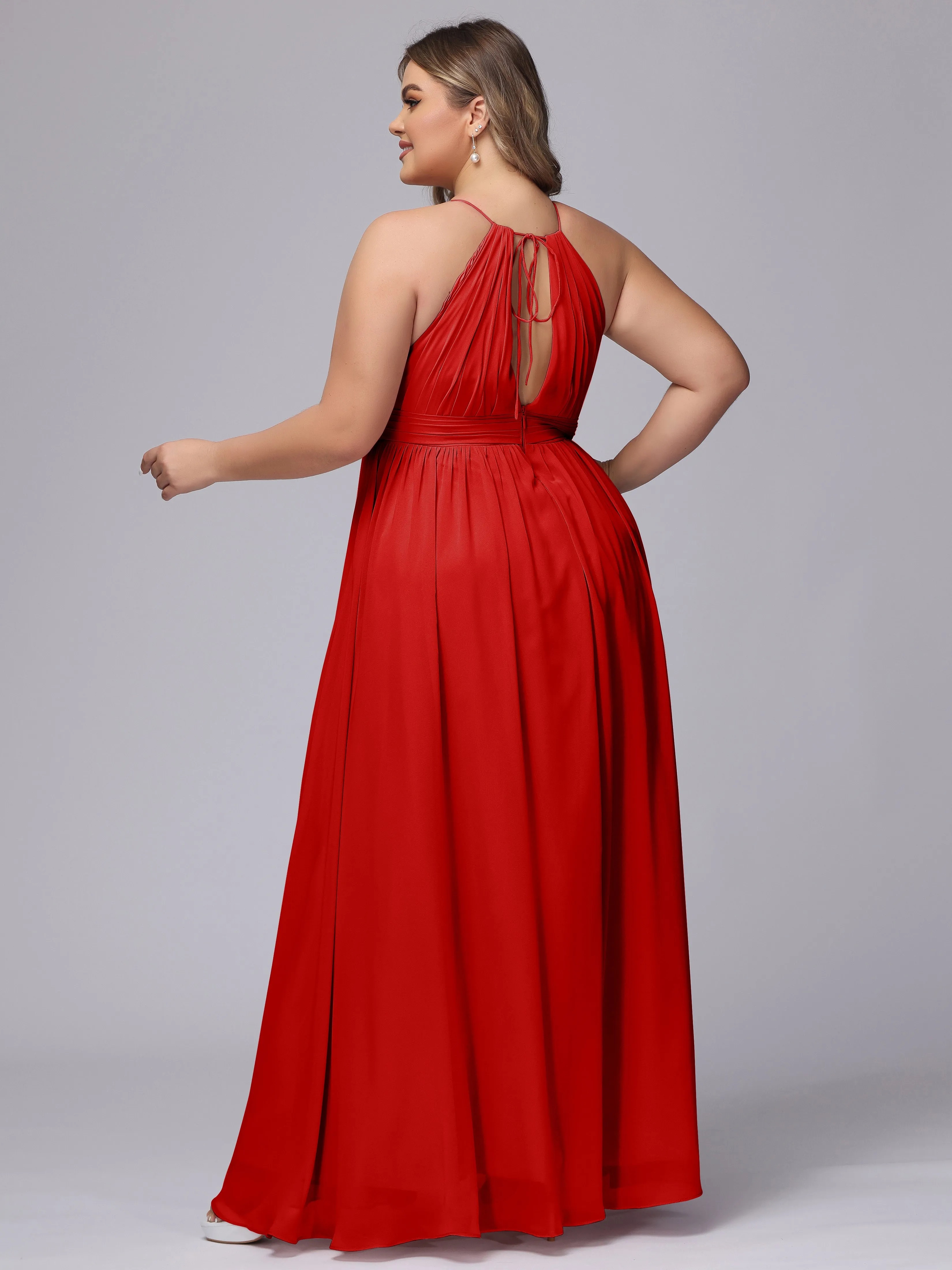 Chiffon Floor Length Halter Plus Size Split Bridesmaid Dresses