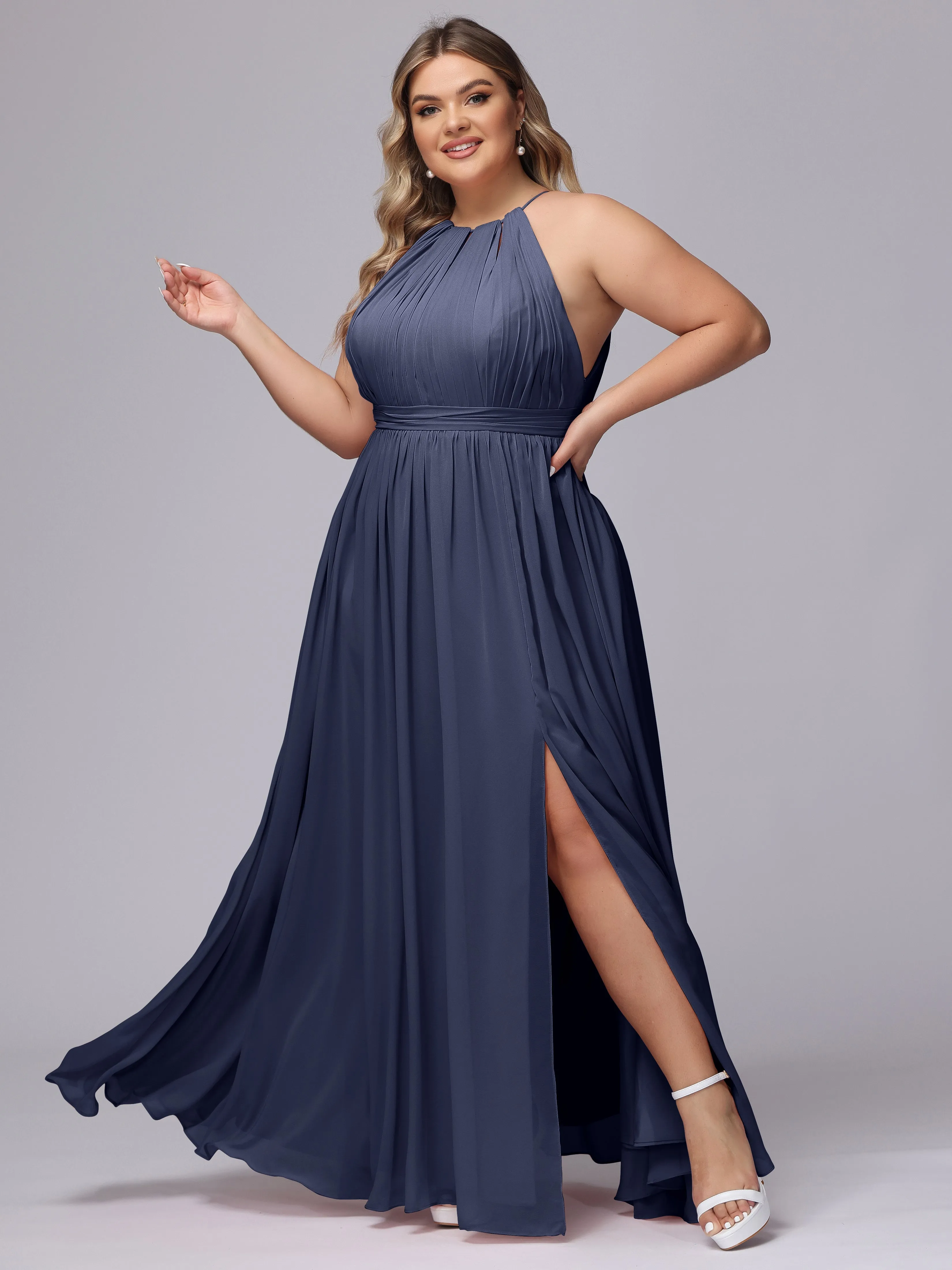 Chiffon Floor Length Halter Plus Size Split Bridesmaid Dresses