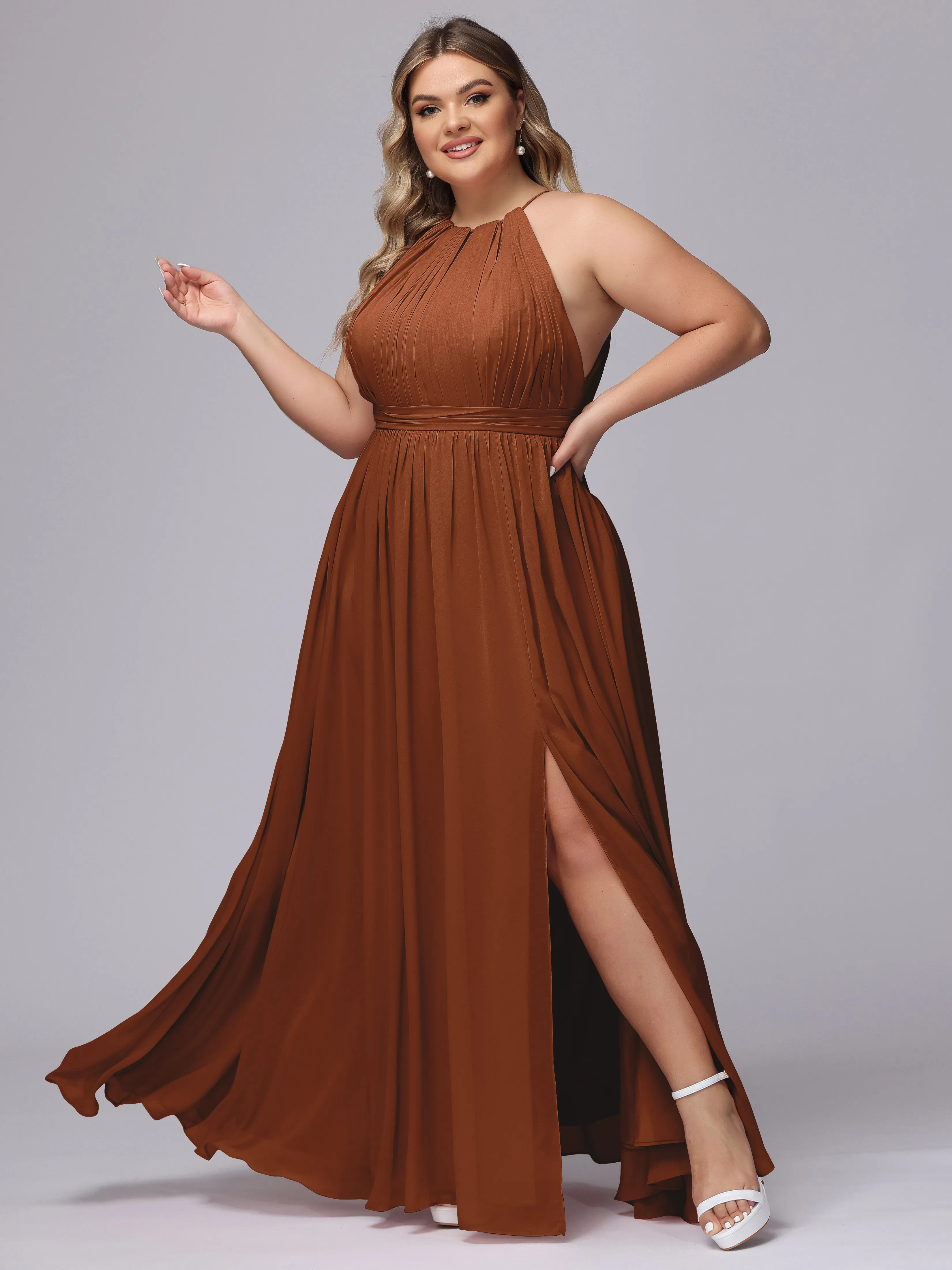 Chiffon Floor Length Halter Plus Size Split Bridesmaid Dresses