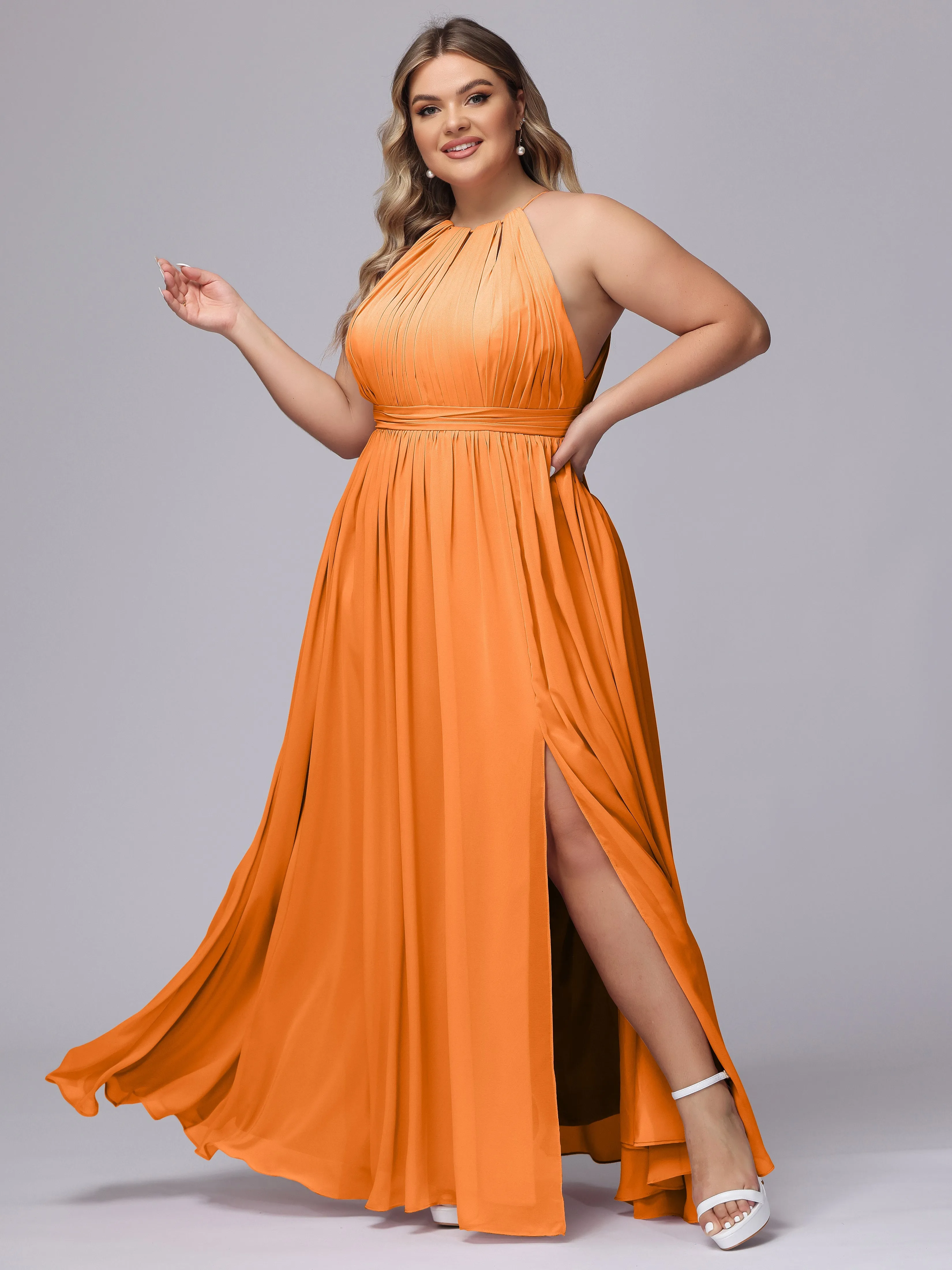 Chiffon Floor Length Halter Plus Size Split Bridesmaid Dresses