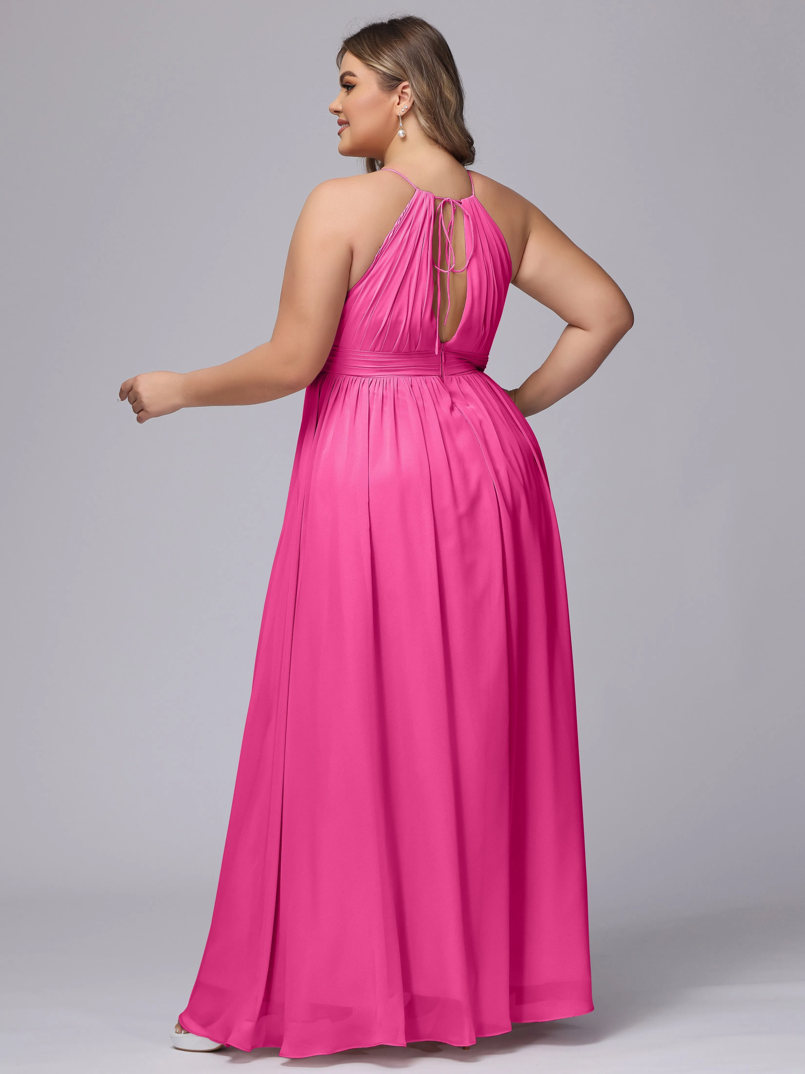 Chiffon Floor Length Halter Plus Size Split Bridesmaid Dresses