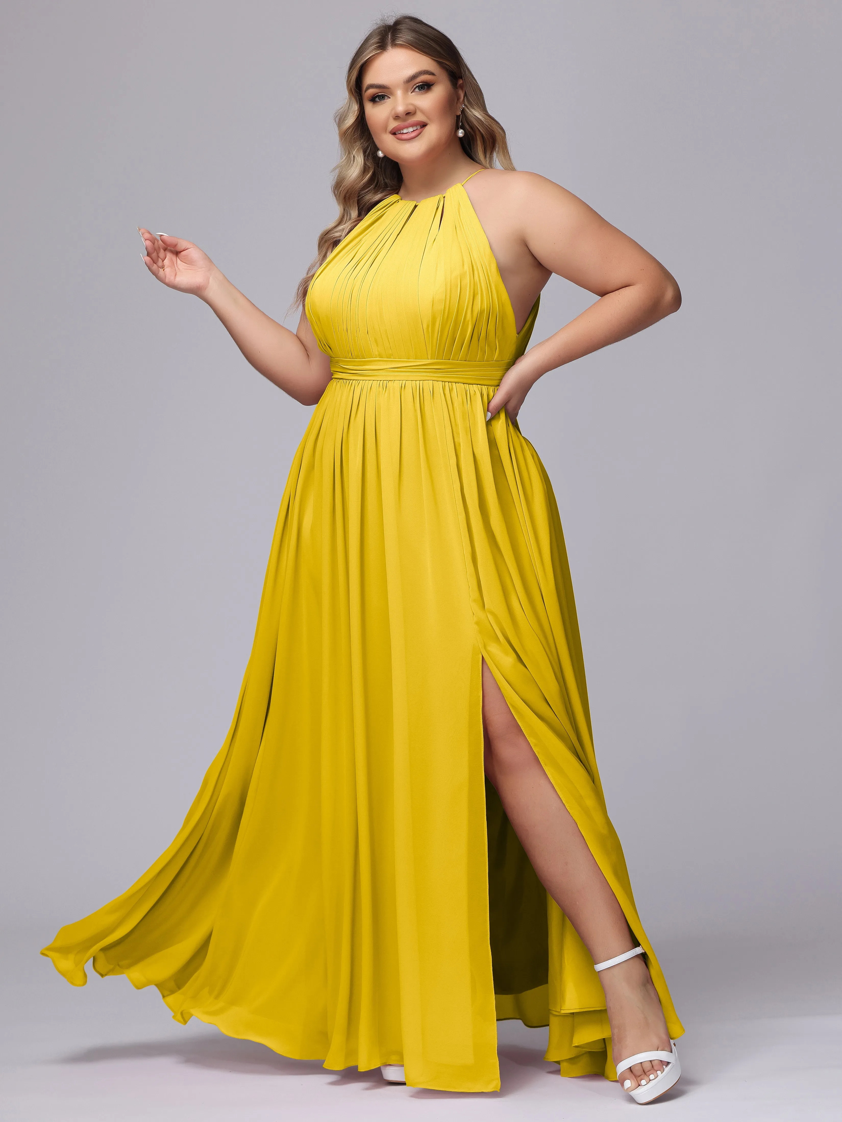 Chiffon Floor Length Halter Plus Size Split Bridesmaid Dresses