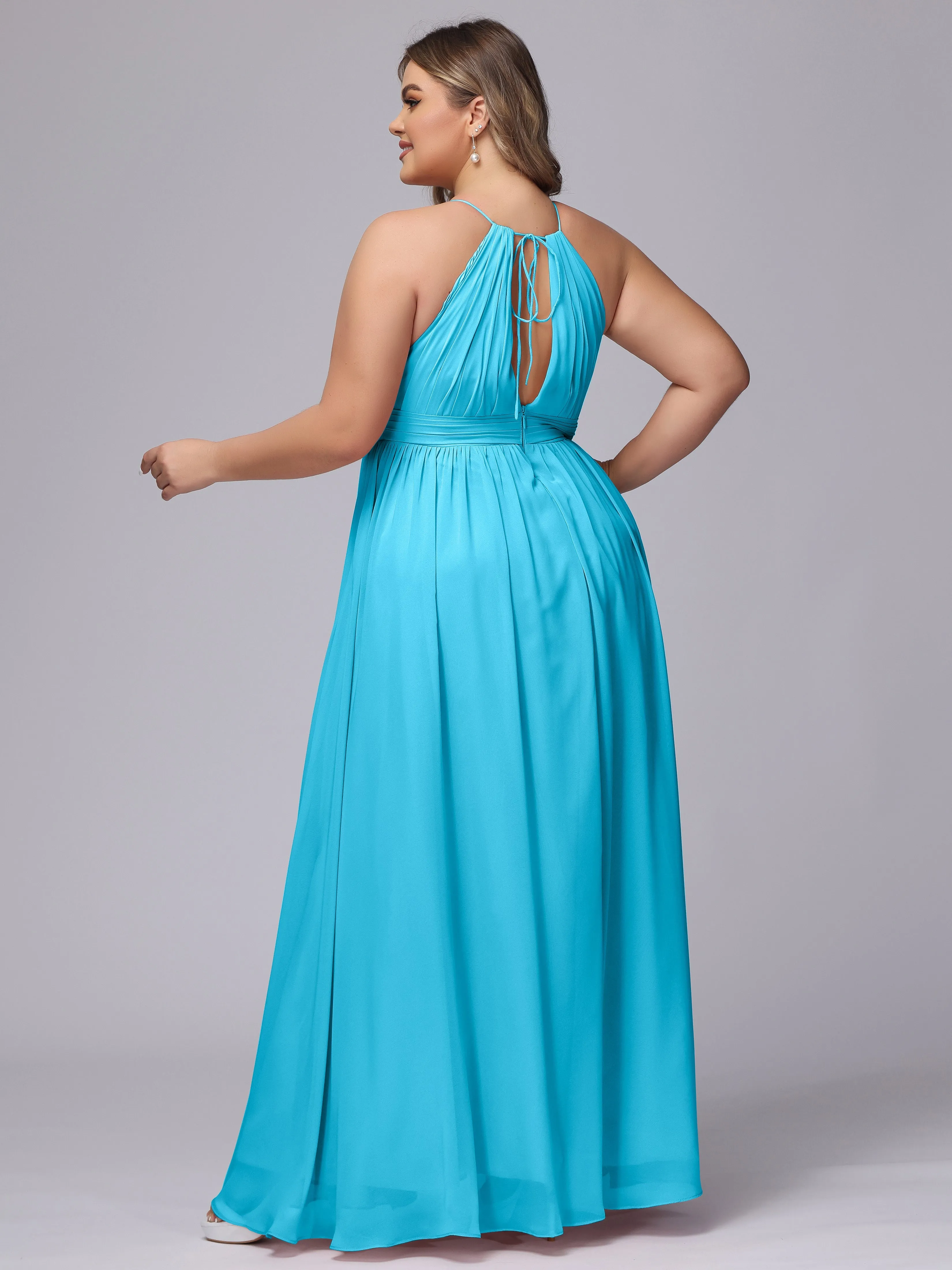 Chiffon Floor Length Halter Plus Size Split Bridesmaid Dresses
