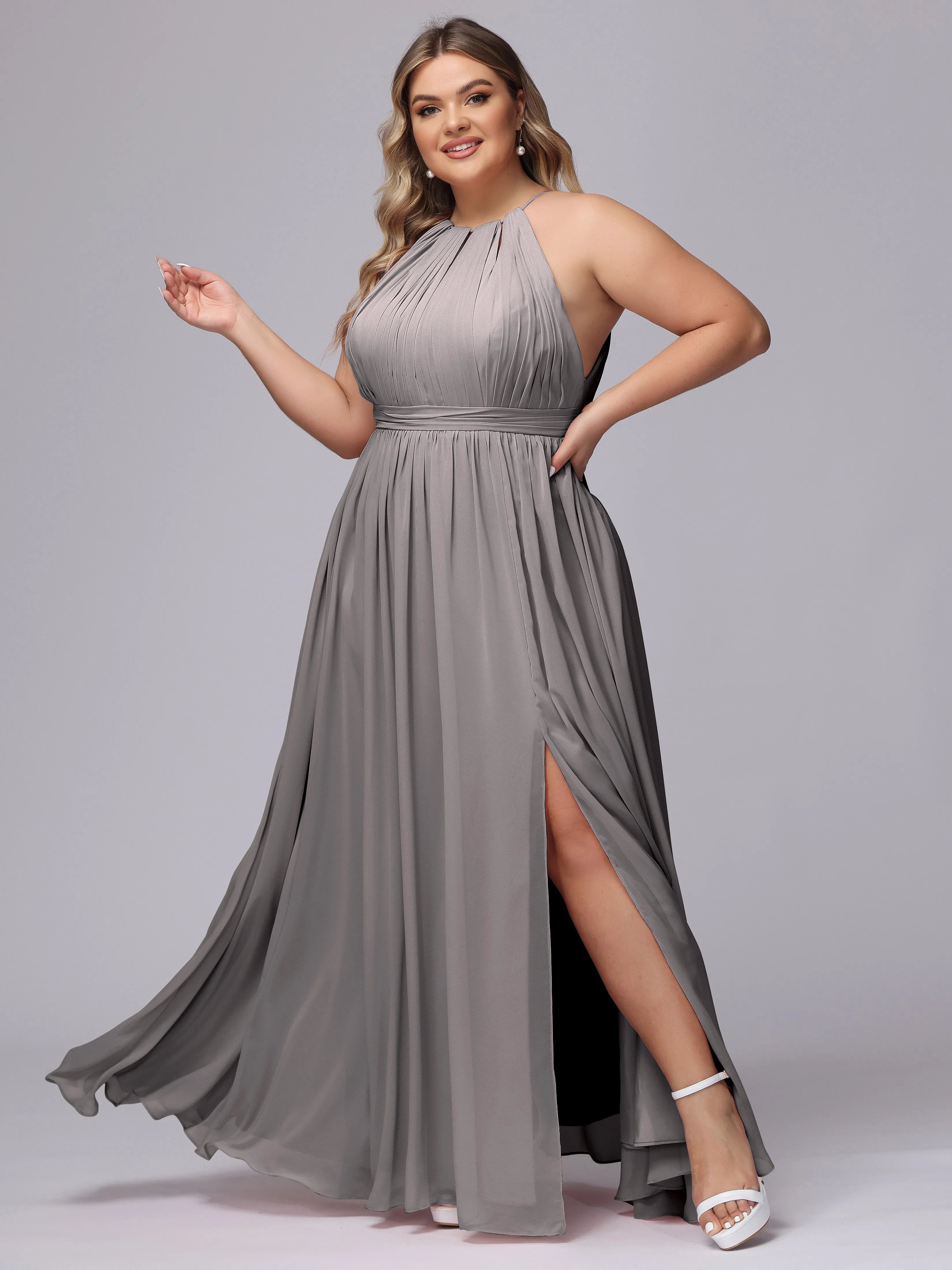 Chiffon Floor Length Halter Plus Size Split Bridesmaid Dresses