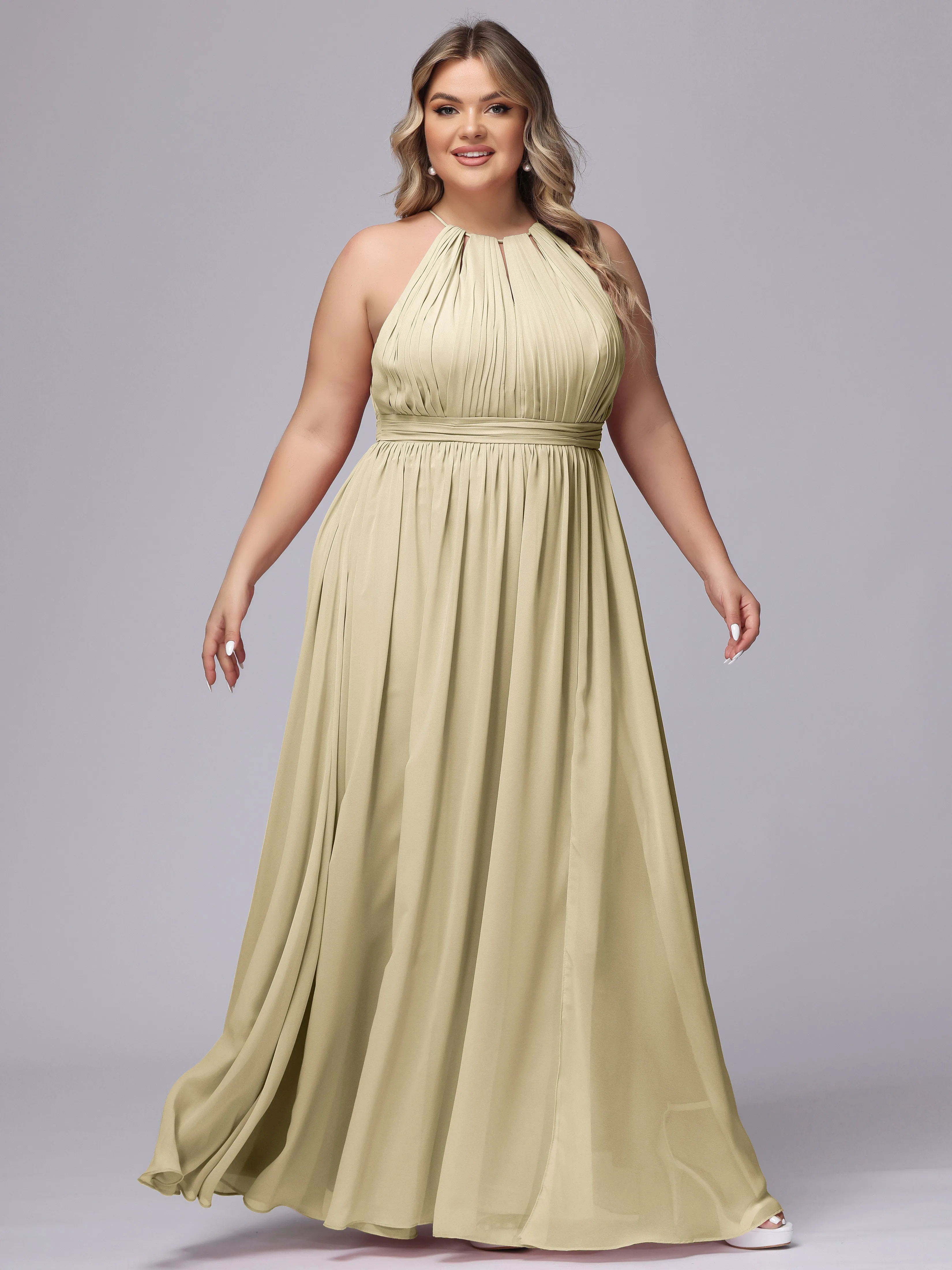 Chiffon Floor Length Halter Plus Size Split Bridesmaid Dresses