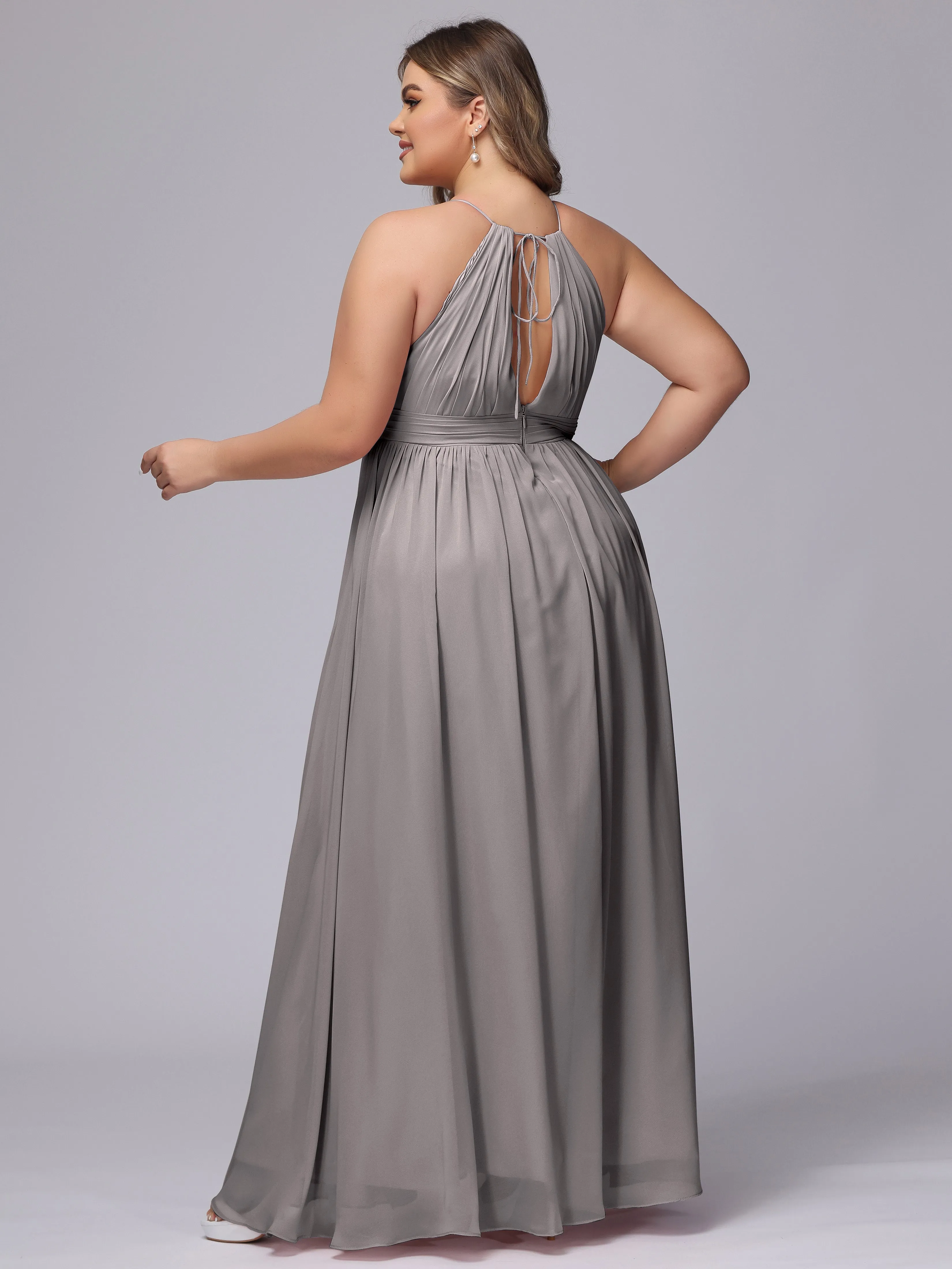 Chiffon Floor Length Halter Plus Size Split Bridesmaid Dresses