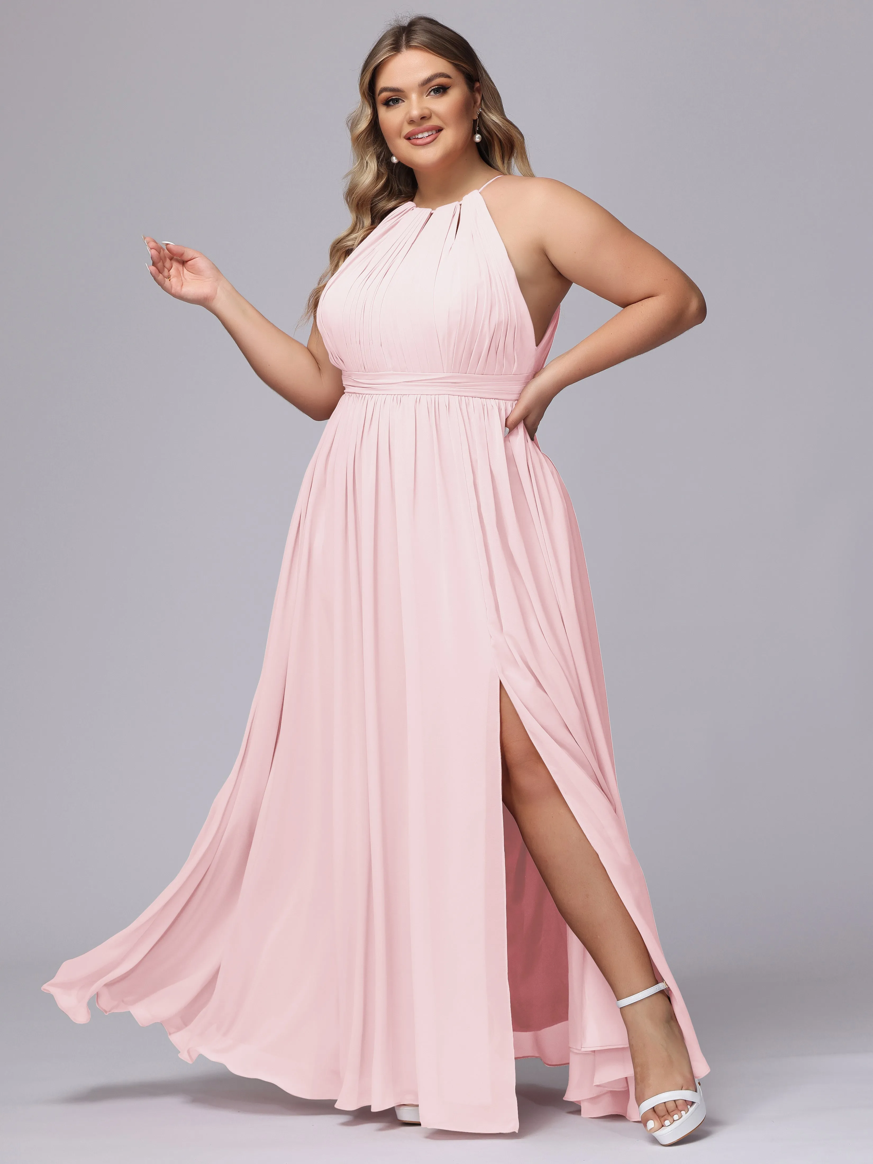 Chiffon Floor Length Halter Plus Size Split Bridesmaid Dresses
