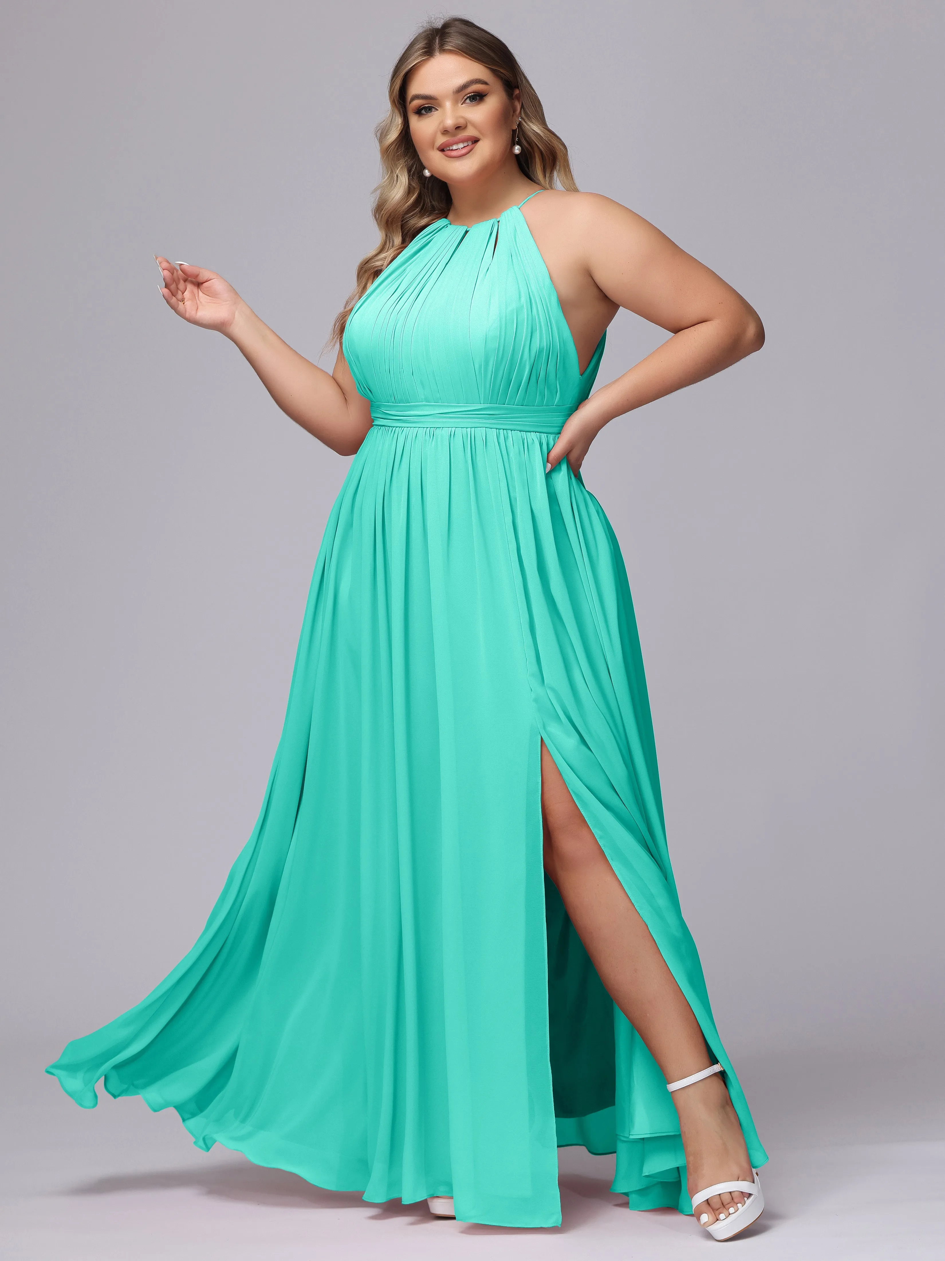 Chiffon Floor Length Halter Plus Size Split Bridesmaid Dresses