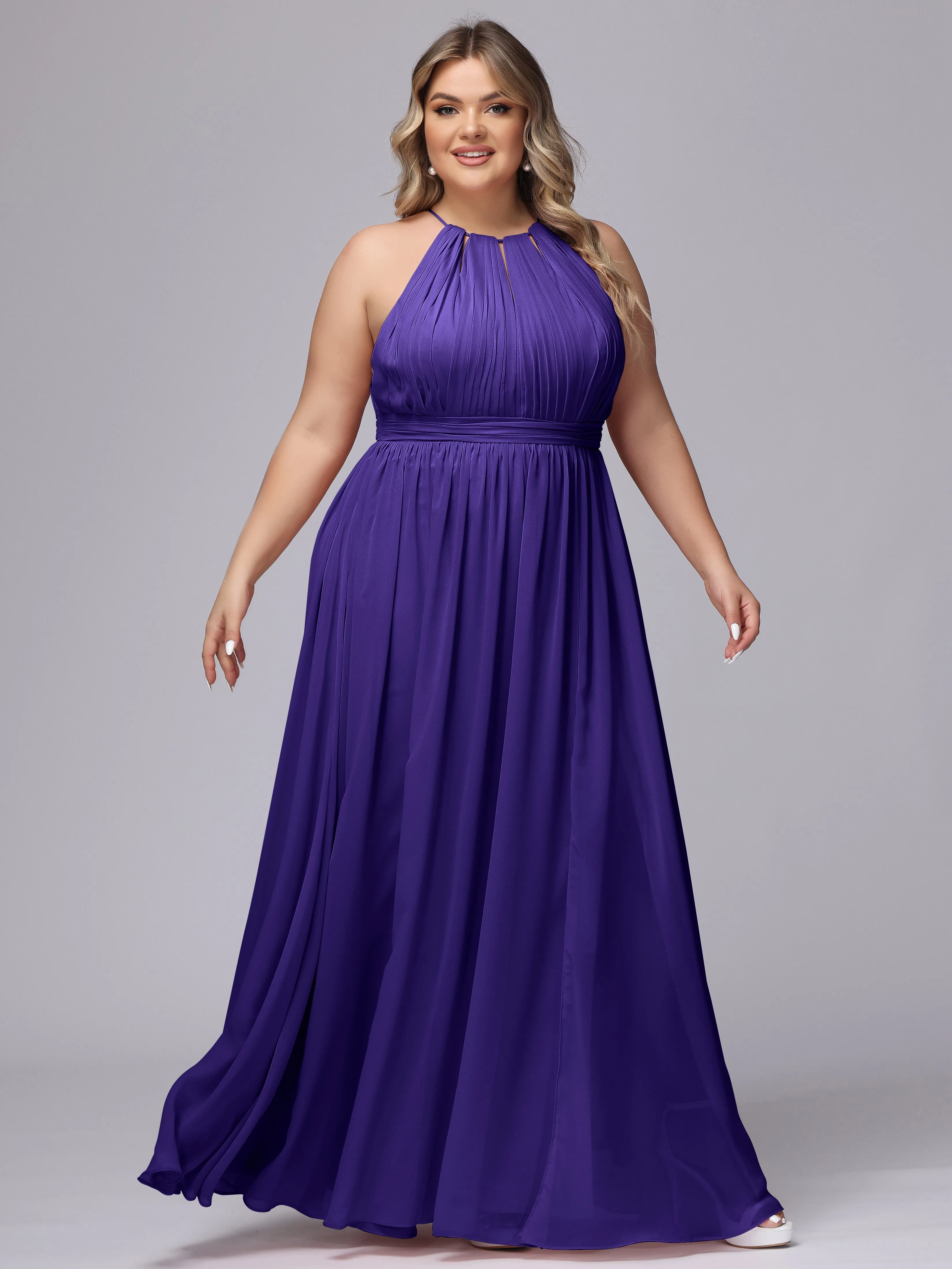 Chiffon Floor Length Halter Plus Size Split Bridesmaid Dresses