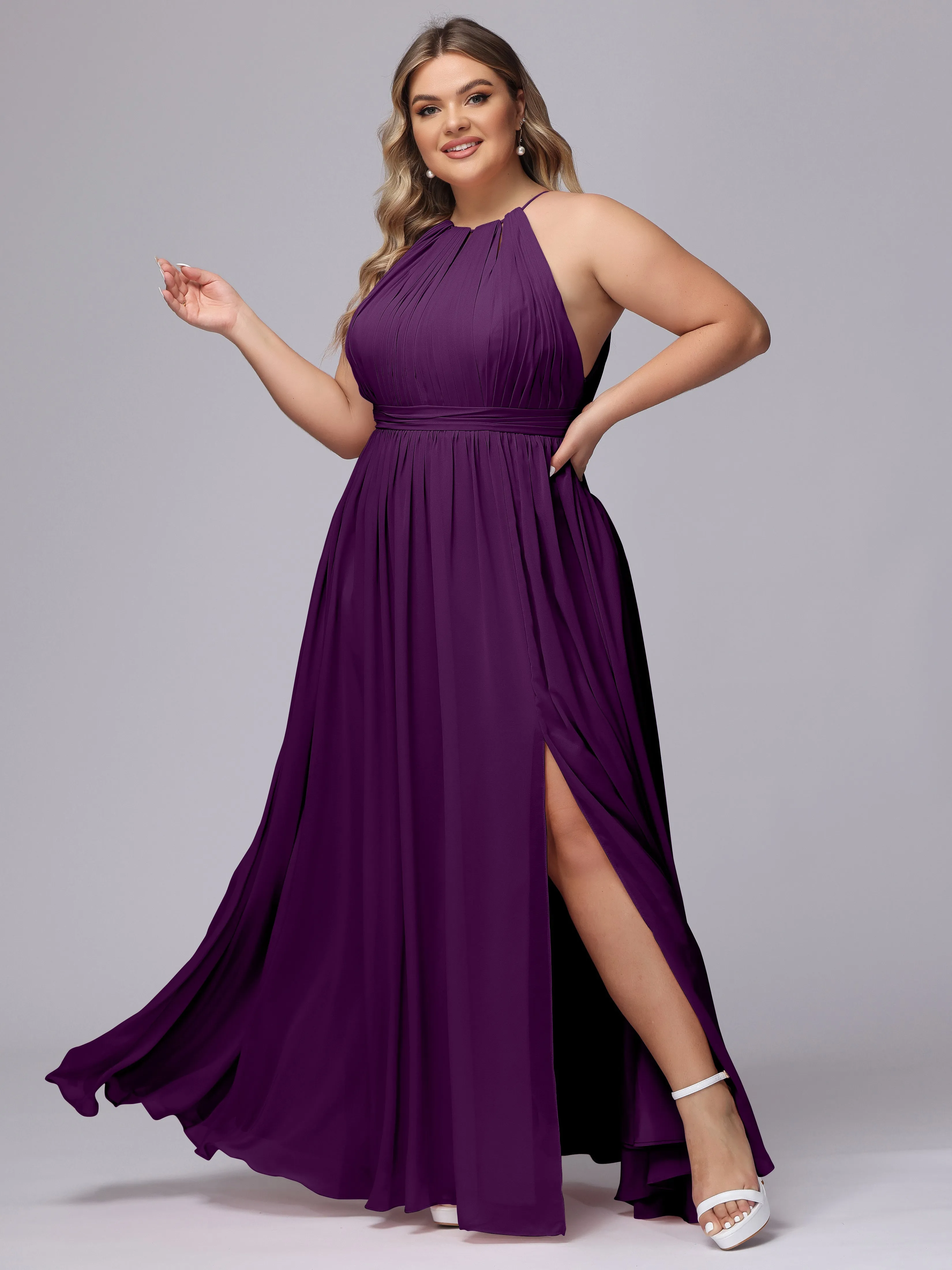 Chiffon Floor Length Halter Plus Size Split Bridesmaid Dresses