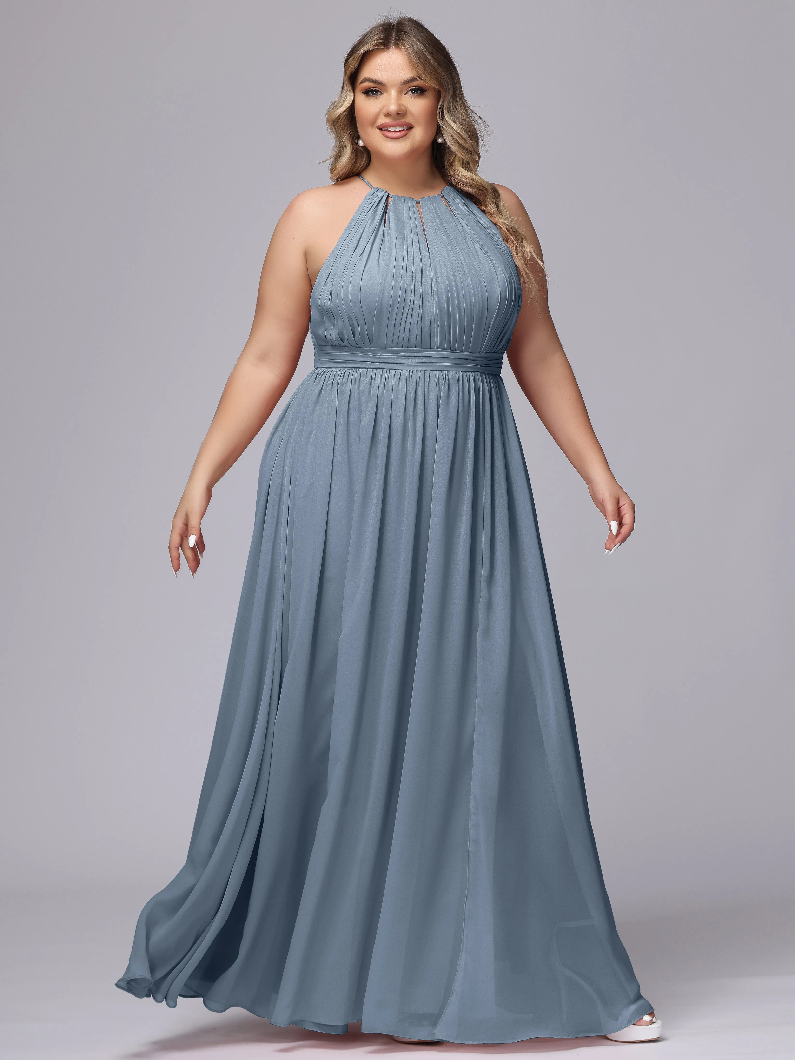 Chiffon Floor Length Halter Plus Size Split Bridesmaid Dresses