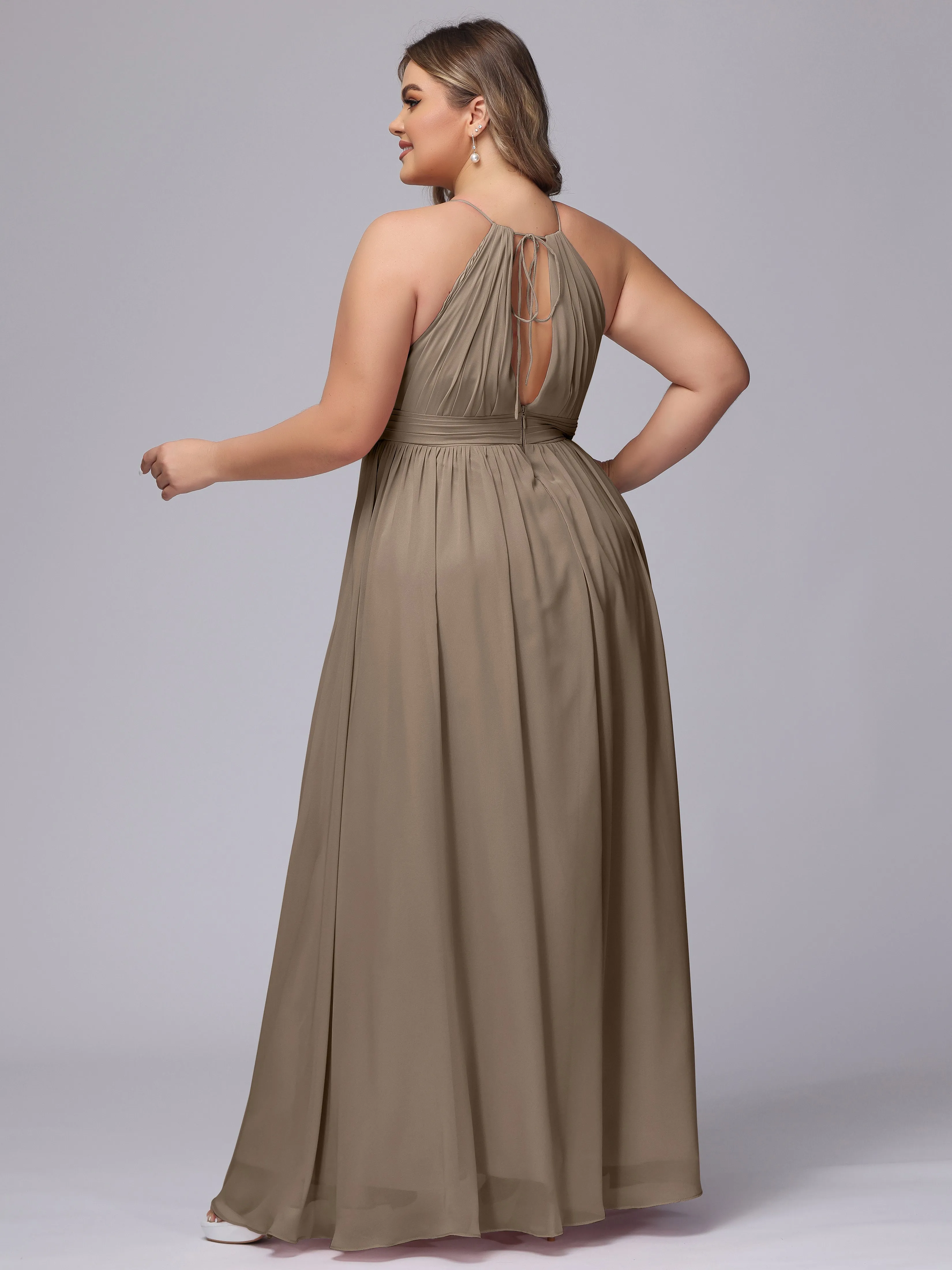 Chiffon Floor Length Halter Plus Size Split Bridesmaid Dresses