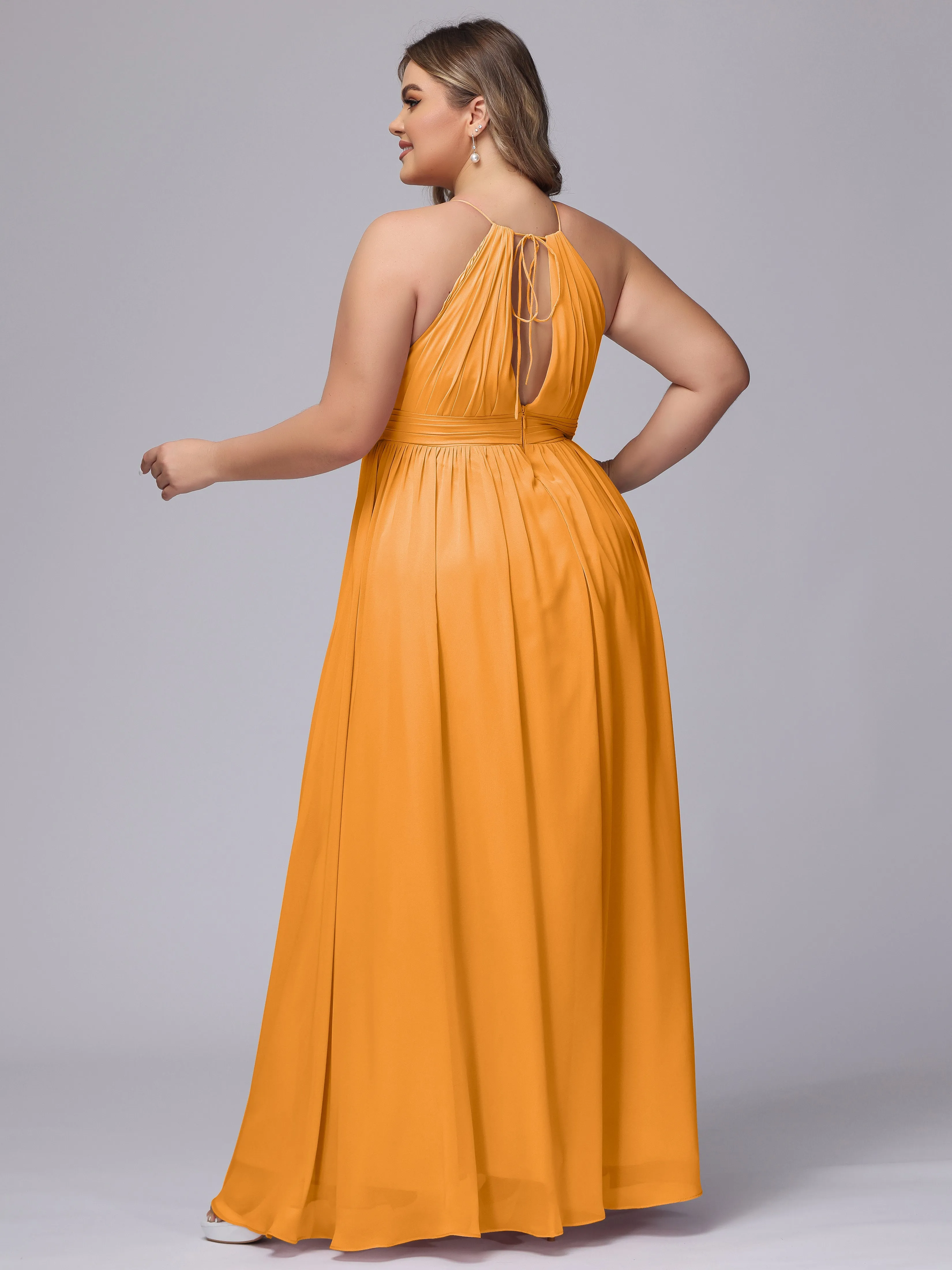 Chiffon Floor Length Halter Plus Size Split Bridesmaid Dresses