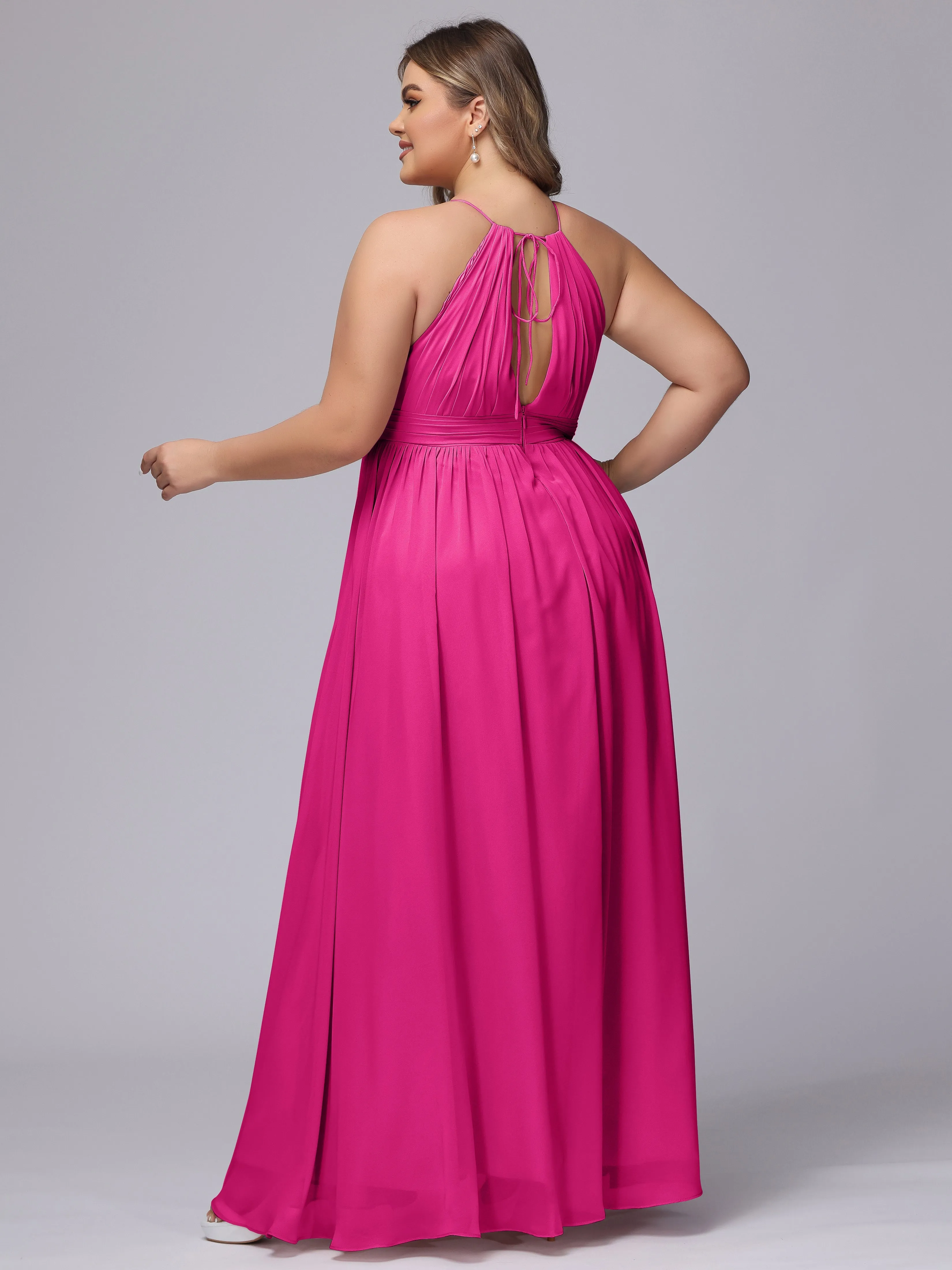 Chiffon Floor Length Halter Plus Size Split Bridesmaid Dresses