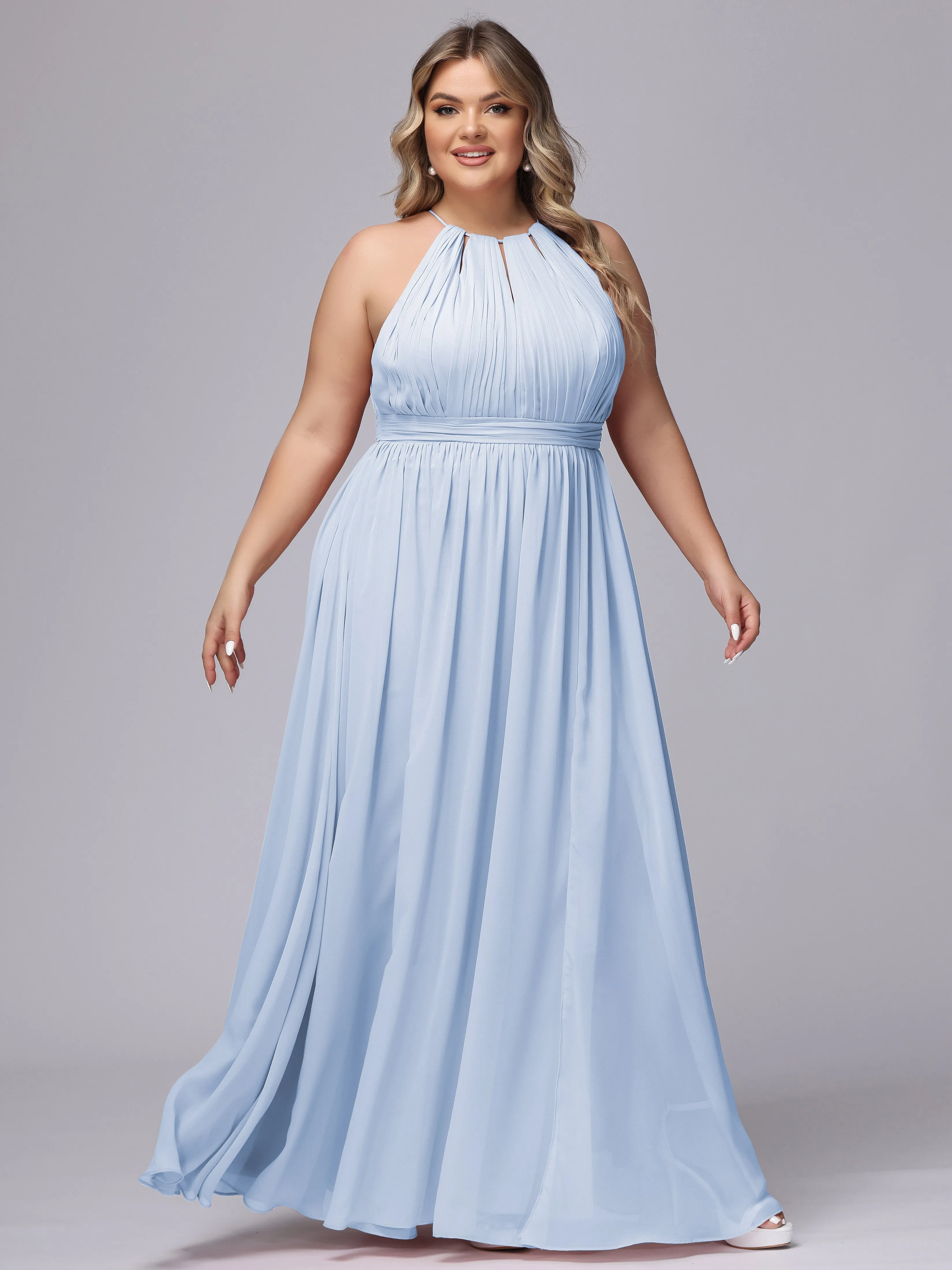 Chiffon Floor Length Halter Plus Size Split Bridesmaid Dresses