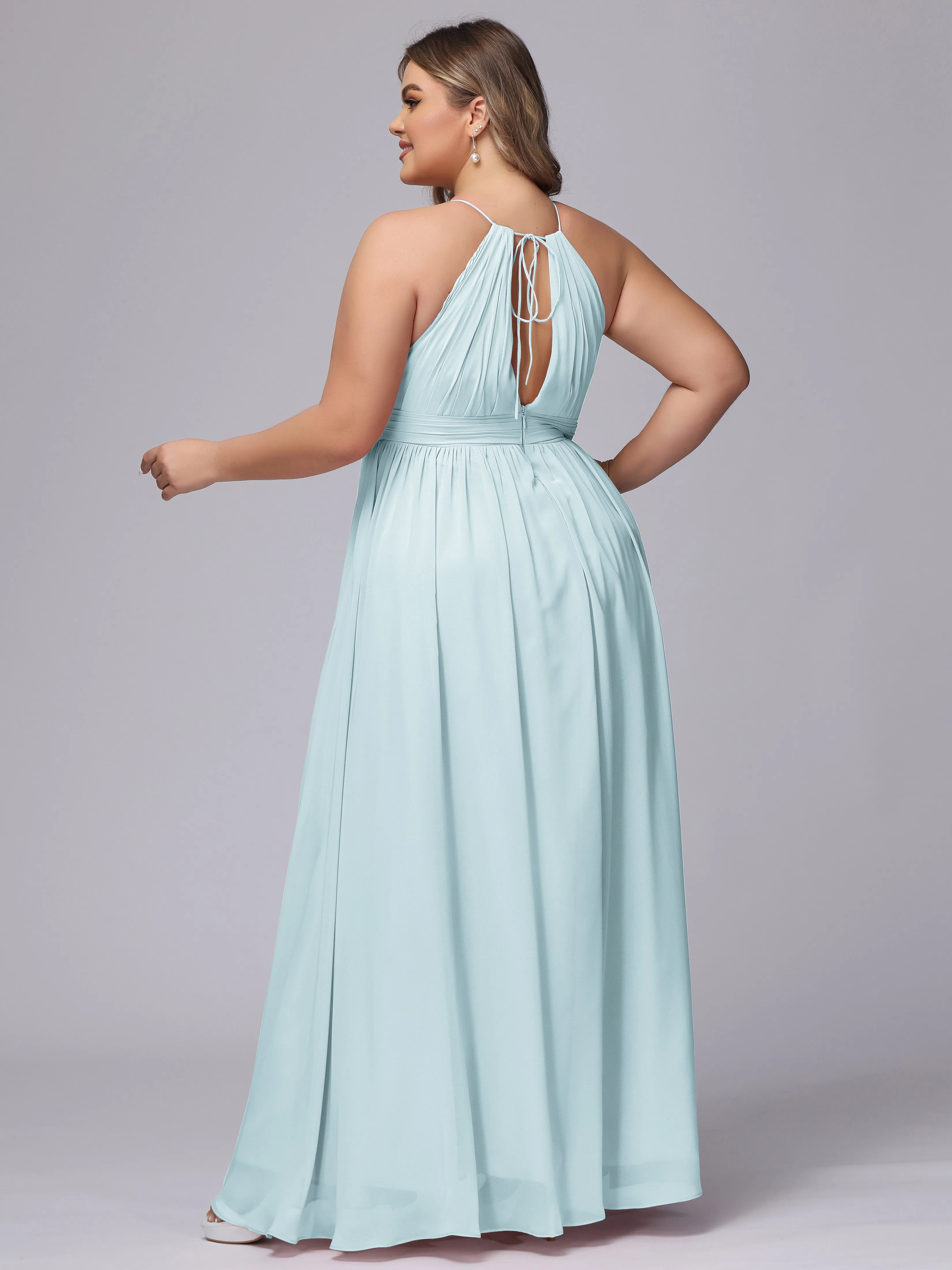 Chiffon Floor Length Halter Plus Size Split Bridesmaid Dresses