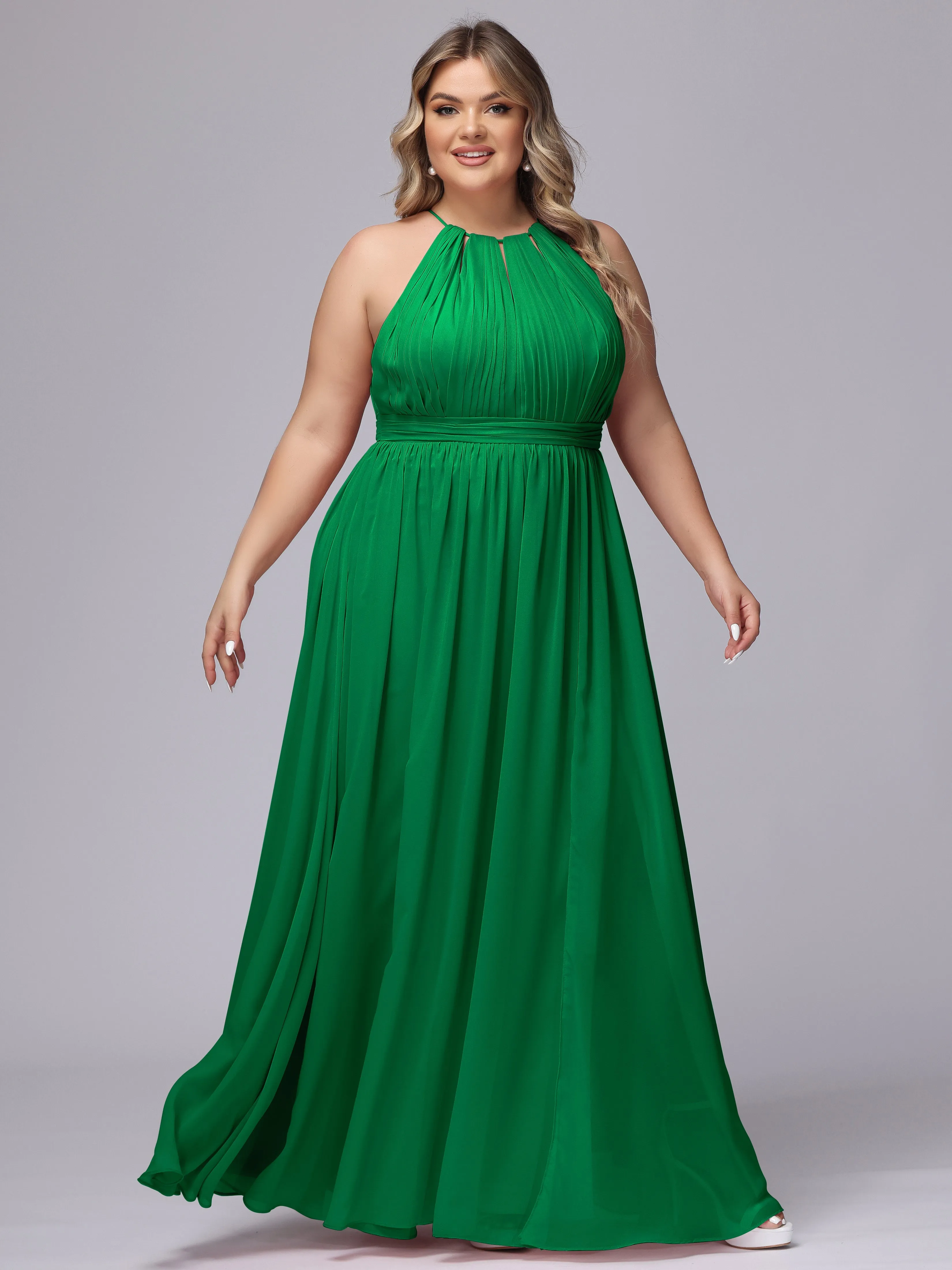 Chiffon Floor Length Halter Plus Size Split Bridesmaid Dresses
